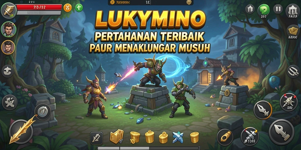 Tampilan gameplay LUKYMINO dengan menara yang strategis dan musuh yang menyerang.