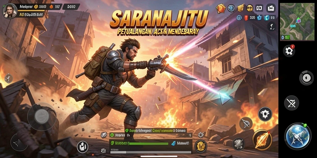 Tampilan dinamis gameplay SARANAJITU yang menegangkan.