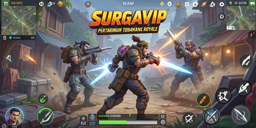 Gameplay mendebarkan dalam SURGAVIP dengan pemain bertempur di arena.